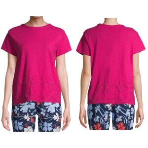 Time & Tru Bright Pink T-Shirt Eyelet Cut-Out Hem Print Barbiecore Blouse